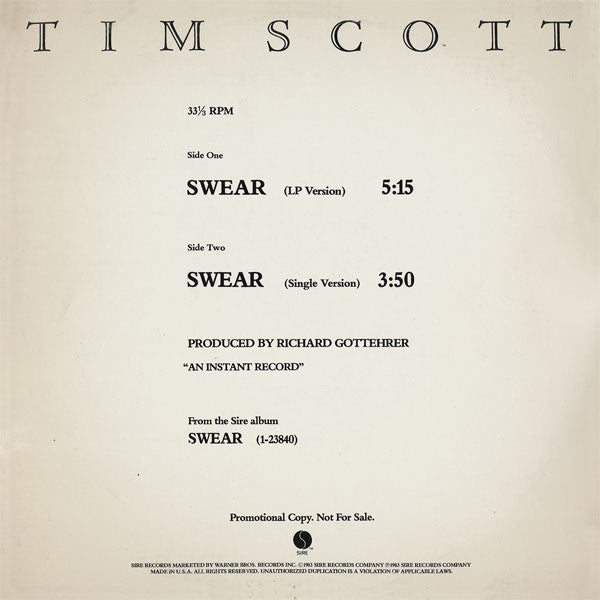 12" Single: Tim Scott McConnell - Swear