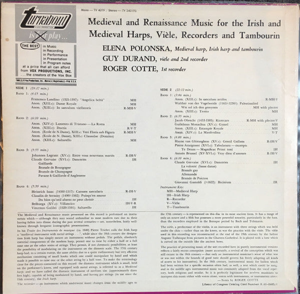 Medieval And Renaissance Music For The Irish And Medieval Harps, Vièle, Recorders And Tambourin - secondary