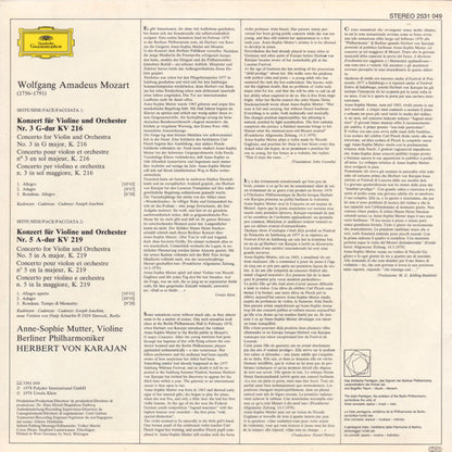 Wolfgang Amadeus Mozart, Anne-Sophie Mutter, Berliner Philharmoniker, Herbert von Karajan - Violinkonzerte = Violin Concertos (No.3 G-dur = G Major KV 216 · No.5 A-dur = A Major KV 219)