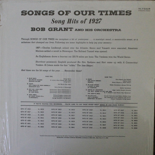 Bob Grant And His Orchestra - Songs Of Our Times: Song Hits Of 1927