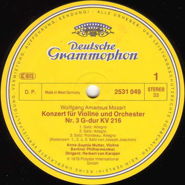 Wolfgang Amadeus Mozart, Anne-Sophie Mutter, Berliner Philharmoniker, Herbert von Karajan - Violinkonzerte = Violin Concertos (No.3 G-dur = G Major KV 216 · No.5 A-dur = A Major KV 219)