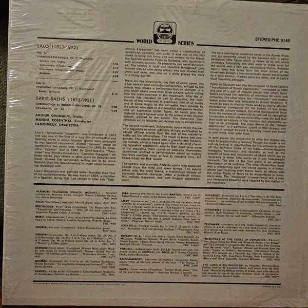 Arthur Grumiaux, Manuel Rosenthal, Orchestre Des Concerts Lamoureux, Édouard Lalo, Camille Saint-Saëns - Symphonie Espagnole / Introduction Et Rondo Capriccioso / Havanaise