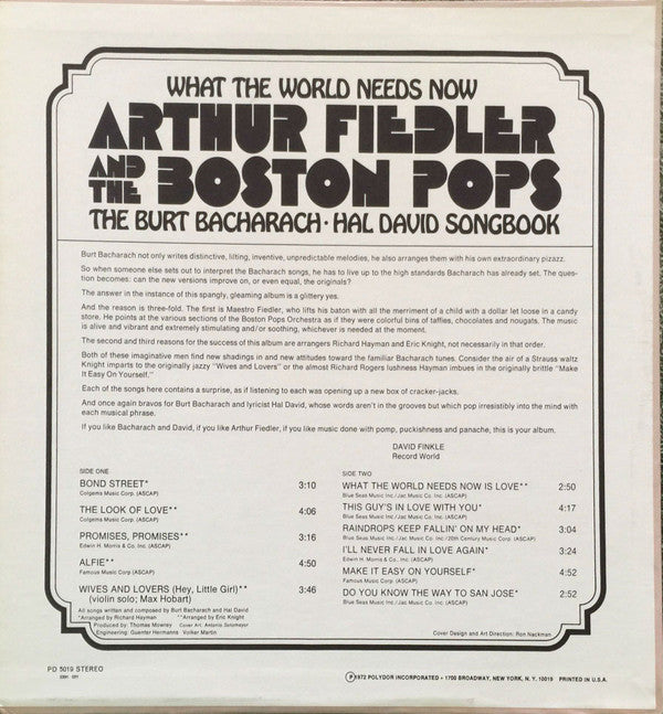 Arthur Fiedler, Boston Pops Orchestra - What The World Needs Now (The Burt Bacharach-Hal David Songbook)