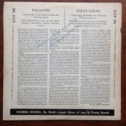 Niccolò Paganini, Camille Saint-Saëns, Zino Francescatti - Paganini: Concerto No.1 In D Major, Op. 6 + Saint Saëns: Concerto No. 3 In B Minor, Op. 61