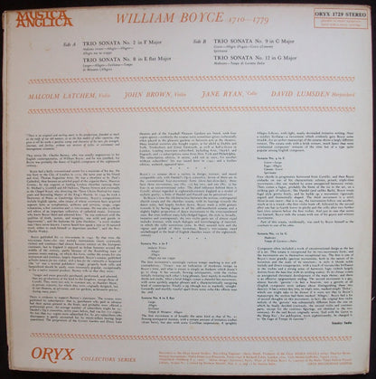 William Boyce, Malcolm Latchem, John Brown, Jane Ryan, David Lumsden - Trio Sonatas