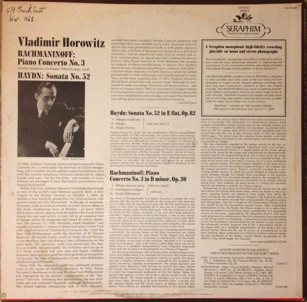 Sergei Vasilyevich Rachmaninoff, Joseph Haydn, Vladimir Horowitz, The London Symphony Orchestra, Albert Coates - Piano Concerto No. 3 In D Minor / Sonata No. 52 In E Flat