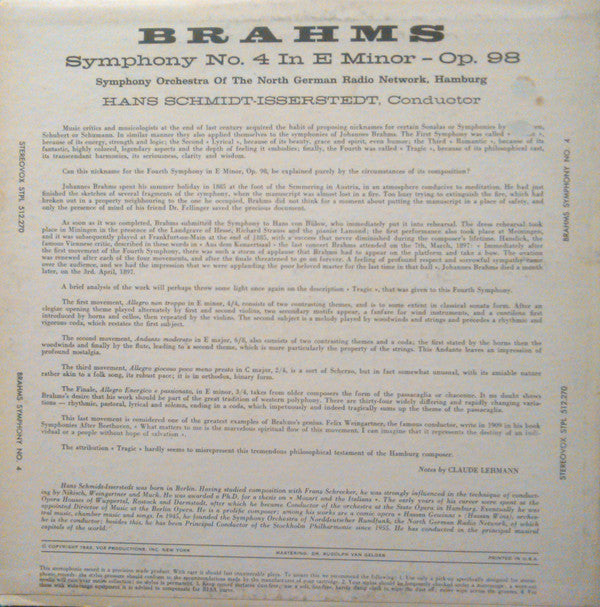Johannes Brahms, Hans Schmidt-Isserstedt, NDR Sinfonieorchester - Symphony No. 4 in E Minor, Opus 94