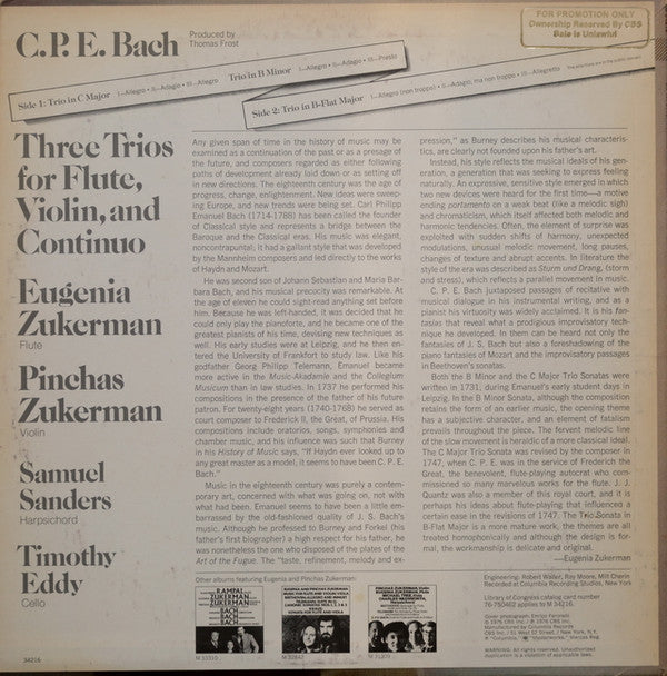 Carl Philipp Emanuel Bach, Eugenia Zukerman, Pinchas Zukerman, Samuel Sanders (2), Timothy Eddy - Three Trios For Flute, Violin, And Continuo