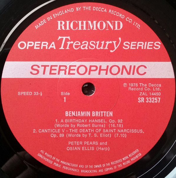 Benjamin Britten, Peter Pears, Osian Ellis - A Birthday Hansel • Two Scottish Folk Songs •Suite For Harp • Second Lute Song From 'Gloriana' • Canticle No. 5 - The Death Of Saint Narcissus