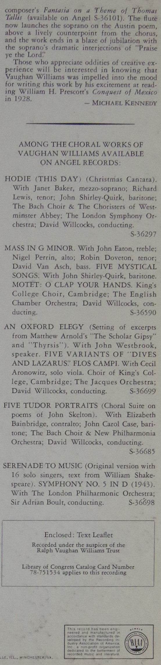 Ralph Vaughan Williams, Heather Harper, Ian Partridge, John Shirley-Quirk, The King's College Choir Of Cambridge, The Bach Choir, The London Symphony Orchestra, David Willcocks - Sancta Civitas / Benedicite