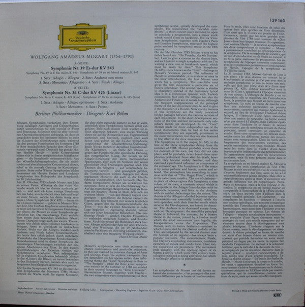Wolfgang Amadeus Mozart, Berliner Philharmoniker, Karl Böhm - Symphonien Nr. 39 Es-Dur (In E Flat Major) / Nr. 36 "Linzer"