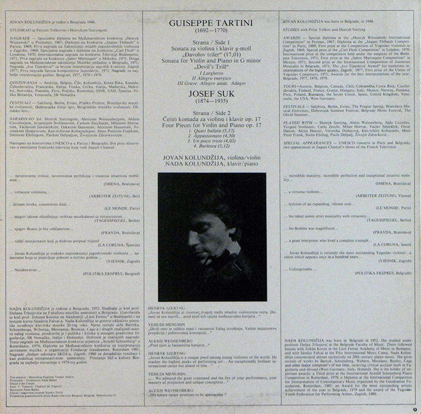 Giuseppe Tartini, Josef Suk, Jovan Kolundžija, Nada Kolundžija - "Djavolov Triler" / Četiri Komada Op. 17