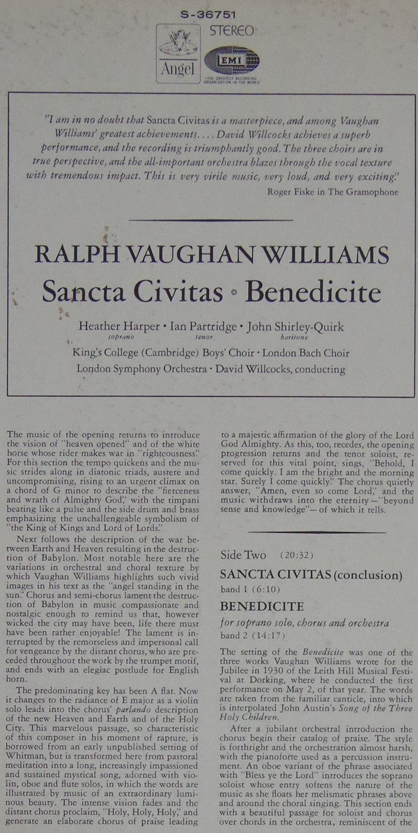 Ralph Vaughan Williams, Heather Harper, Ian Partridge, John Shirley-Quirk, The King's College Choir Of Cambridge, The Bach Choir, The London Symphony Orchestra, David Willcocks - Sancta Civitas / Benedicite