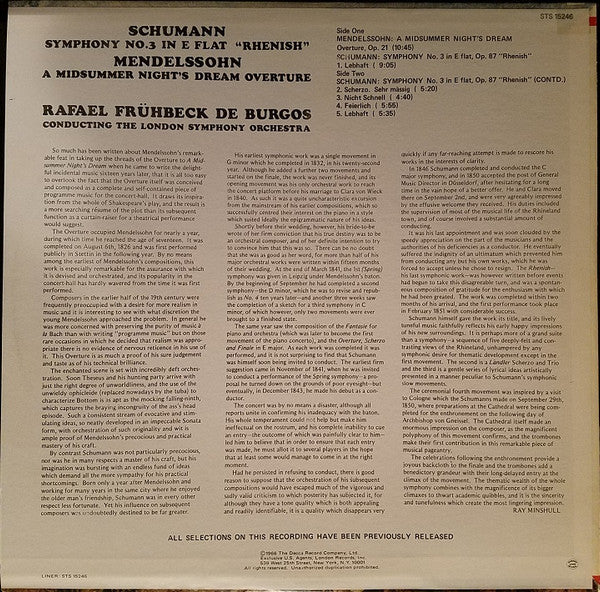 Robert Schumann, Felix Mendelssohn-Bartholdy, The London Symphony Orchestra, Rafael Frühbeck De Burgos - Symphony No. 3 In E Flat "Rhenish" / A Midsummer Night's Dream Overture