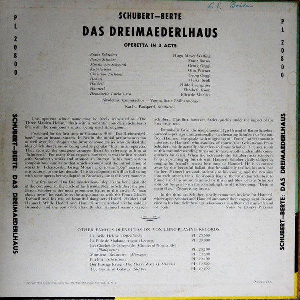 Heinrich Berté, Franz Schubert, Wiener Akademie Kammerchor, Wiener Philharmoniker, Karl Pauspertl - Das Dreimäderlhaus, Operetta in 3 Acts