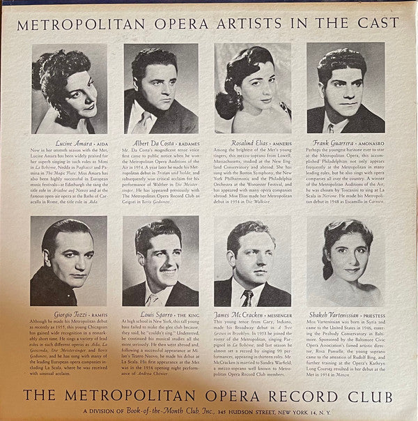 Giuseppe Verdi, Lucine Amara, Rosalind Elias, Shakeh Vartenissian, Albert Da Costa, Frank Guarrera, Giorgio Tozzi, Louis Sgarro, James McCracken, The Metropolitan Opera House Orchestra, Metropolitan Opera Chorus, Fausto Cleva, Kurt Herbert Adler - Aïda
