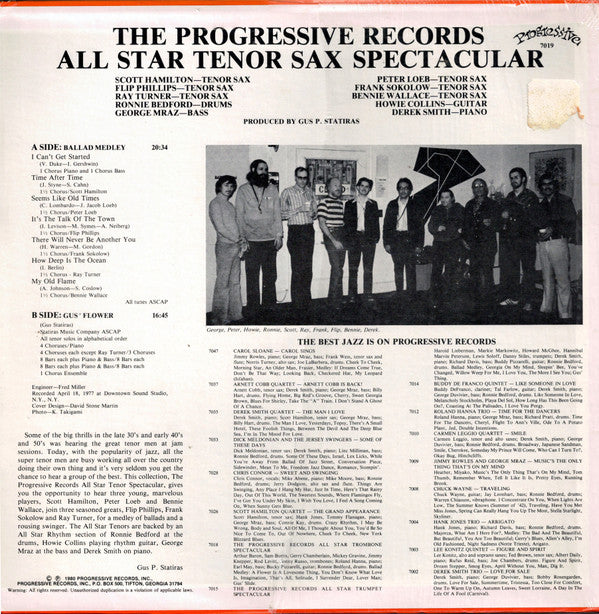 Scott Hamilton, Flip Phillips, Ray Turner, Peter Loeb, Frank Socolow, Bennie Wallace - The Progressive Records All Star Tenor Sax Spectacular