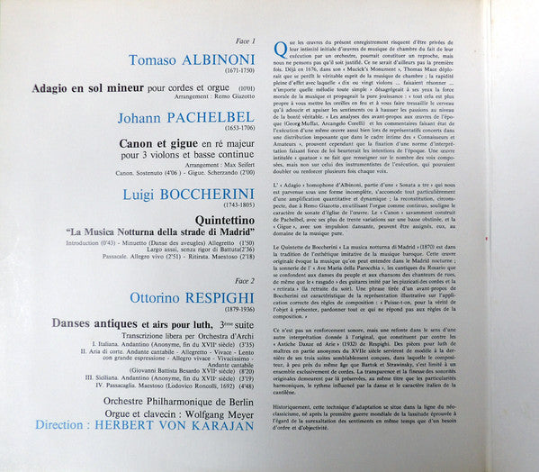 Tomaso Albinoni, Johann Pachelbel, Luigi Boccherini, Ottorino Respighi, Herbert Von Karajan, Berliner Philharmoniker - Adagio - Canon - Quintettino - Danses Antiques